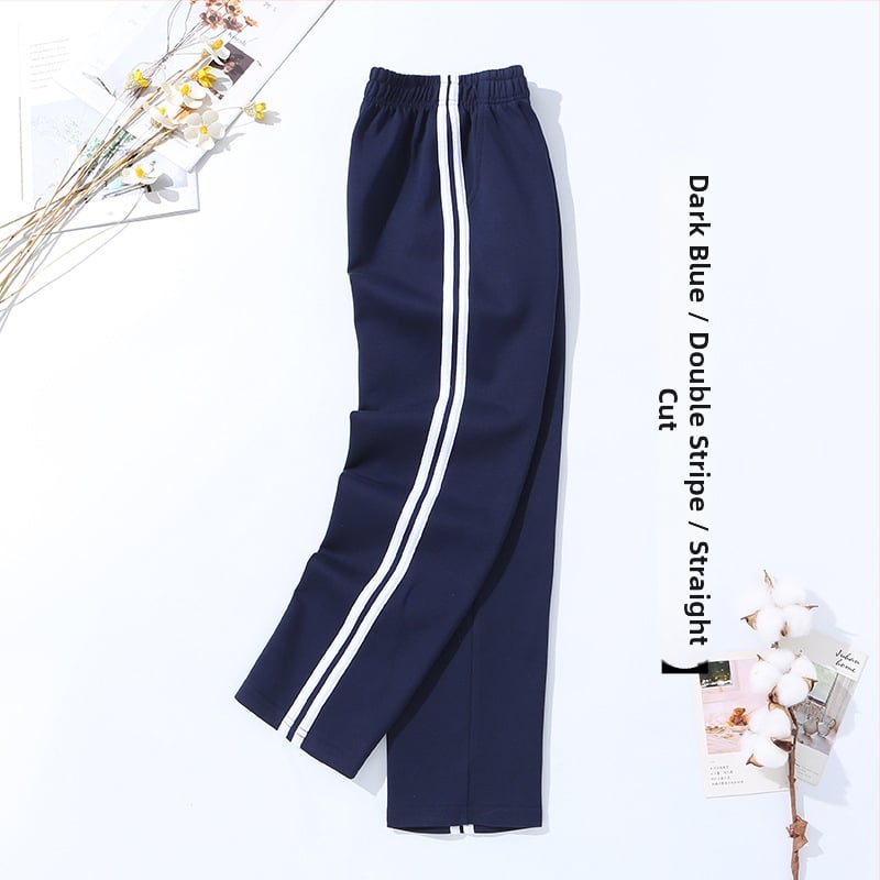 Vaikų mokyklinės kelnės su dryžiais, koledžo stiliaus, medvilnės-poliesterio mišinys, unisex, vidurio juosmens