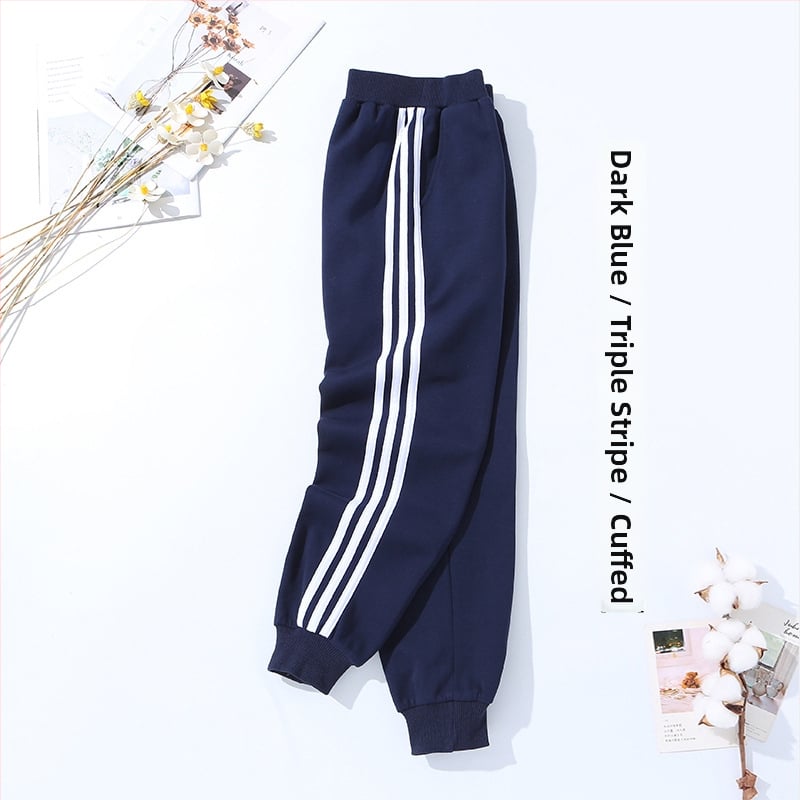 Vaikų mokyklinės kelnės su dryžiais, koledžo stiliaus, medvilnės-poliesterio mišinys, unisex, vidurio juosmens