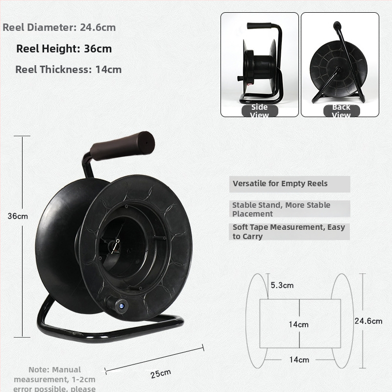 Nešiojama kabelinė ritė su tuščiu rituliu, vyniojimo mechanizmu ir saugojimo rituliu