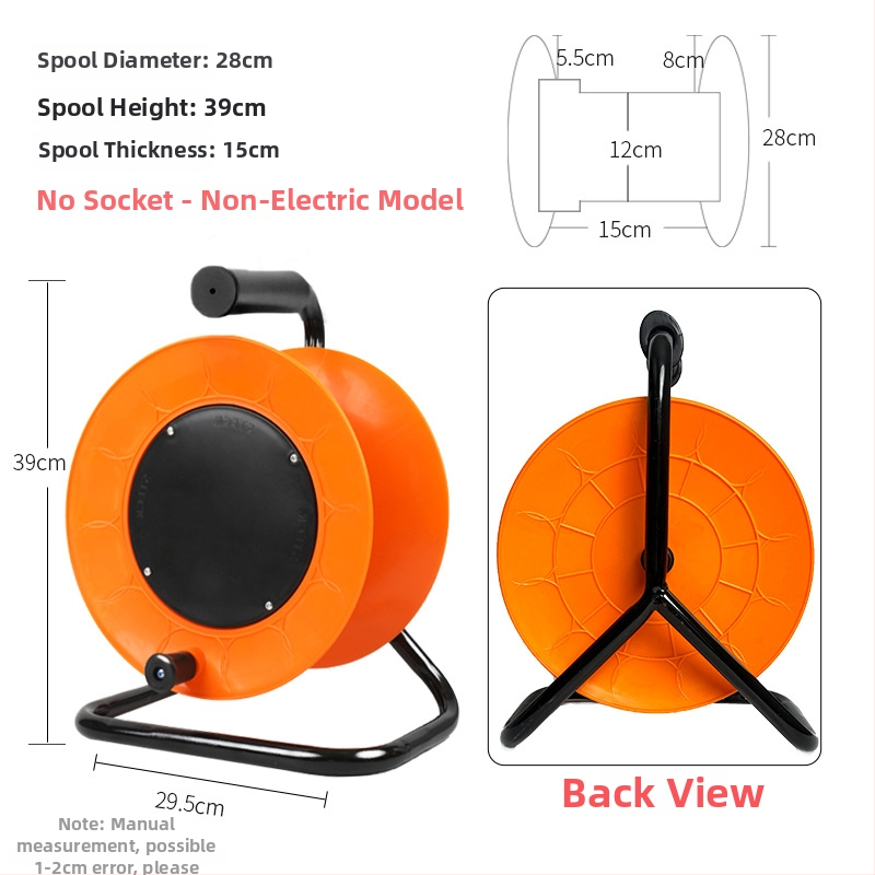 Nešiojama kabelinė ritė su tuščiu rituliu, vyniojimo mechanizmu ir saugojimo rituliu