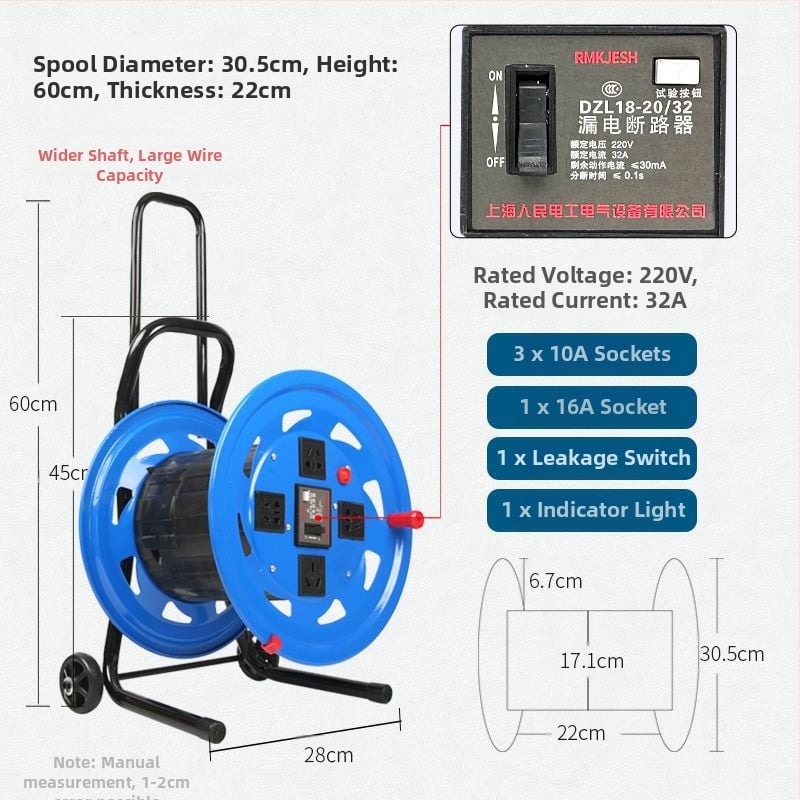 Nešiojama kabelinė ritė su tuščiu rituliu, vyniojimo mechanizmu ir saugojimo rituliu