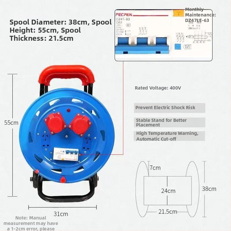 Nešiojama kabelinė ritė su tuščiu rituliu, vyniojimo mechanizmu ir saugojimo rituliu