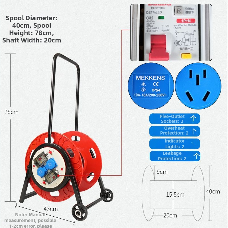 Nešiojama kabelinė ritė su tuščiu rituliu, vyniojimo mechanizmu ir saugojimo rituliu