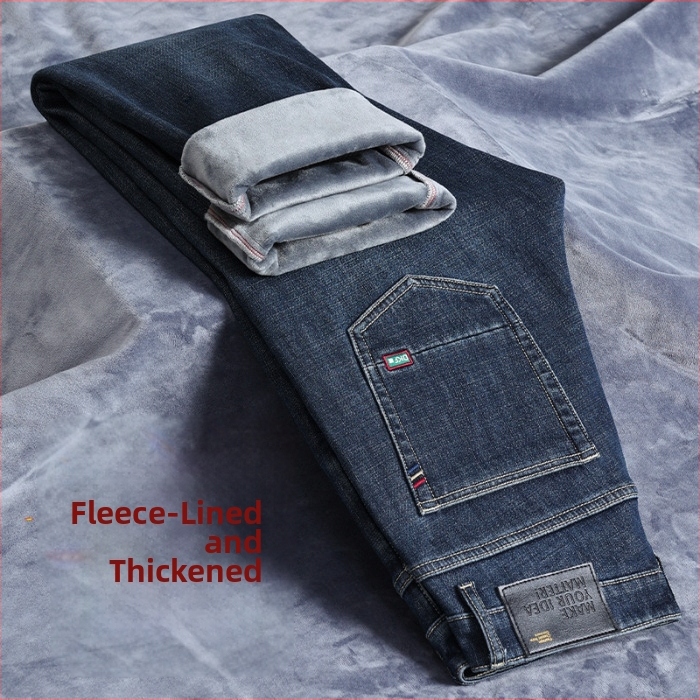 Vīriešu džinsi ar taisu piegriezumu no denima, flīsa oderē, vidējā josta, mikroelastiskums, piecu kabatu dizains