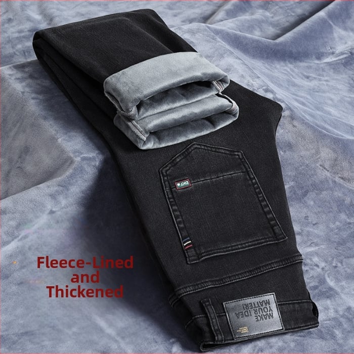 Vīriešu džinsi ar taisu piegriezumu no denima, flīsa oderē, vidējā josta, mikroelastiskums, piecu kabatu dizains