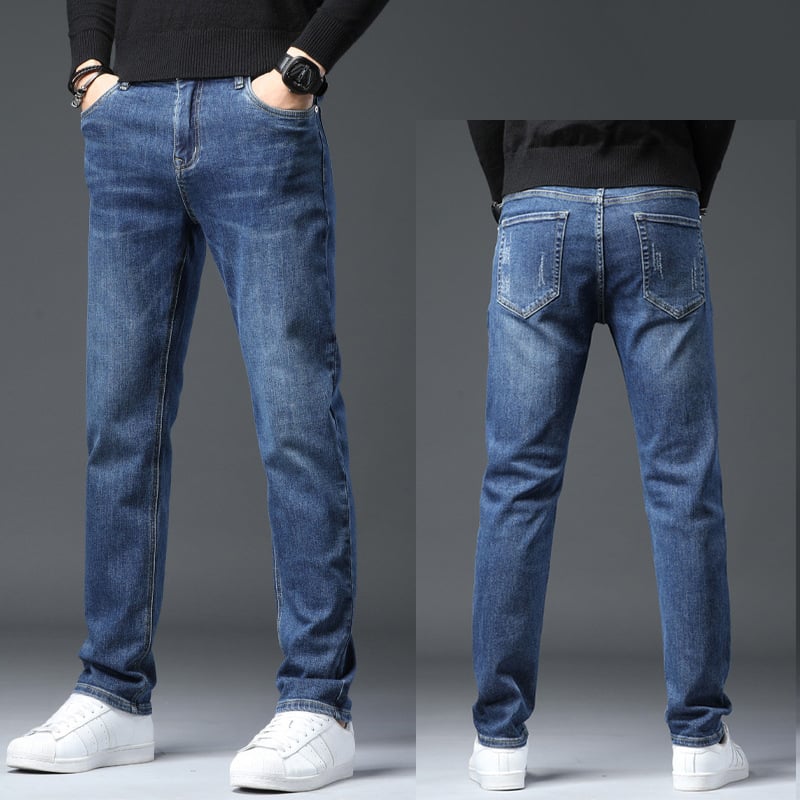 Vīriešu džinsi ar taisu piegriezumu no denima, flīsa oderē, vidējā josta, mikroelastiskums, piecu kabatu dizains