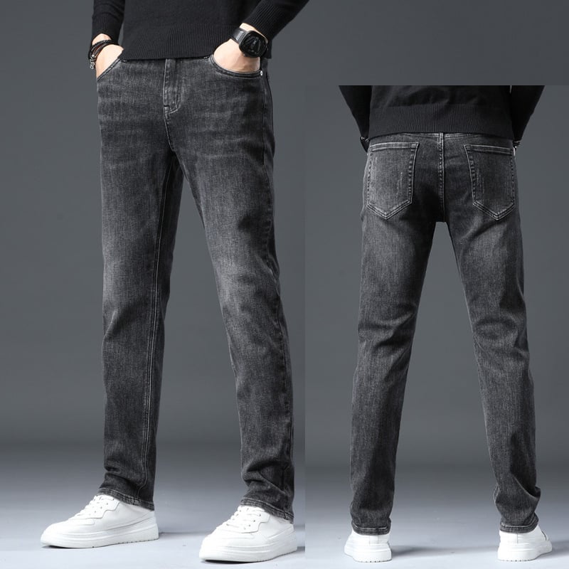 Vīriešu džinsi ar taisu piegriezumu no denima, flīsa oderē, vidējā josta, mikroelastiskums, piecu kabatu dizains