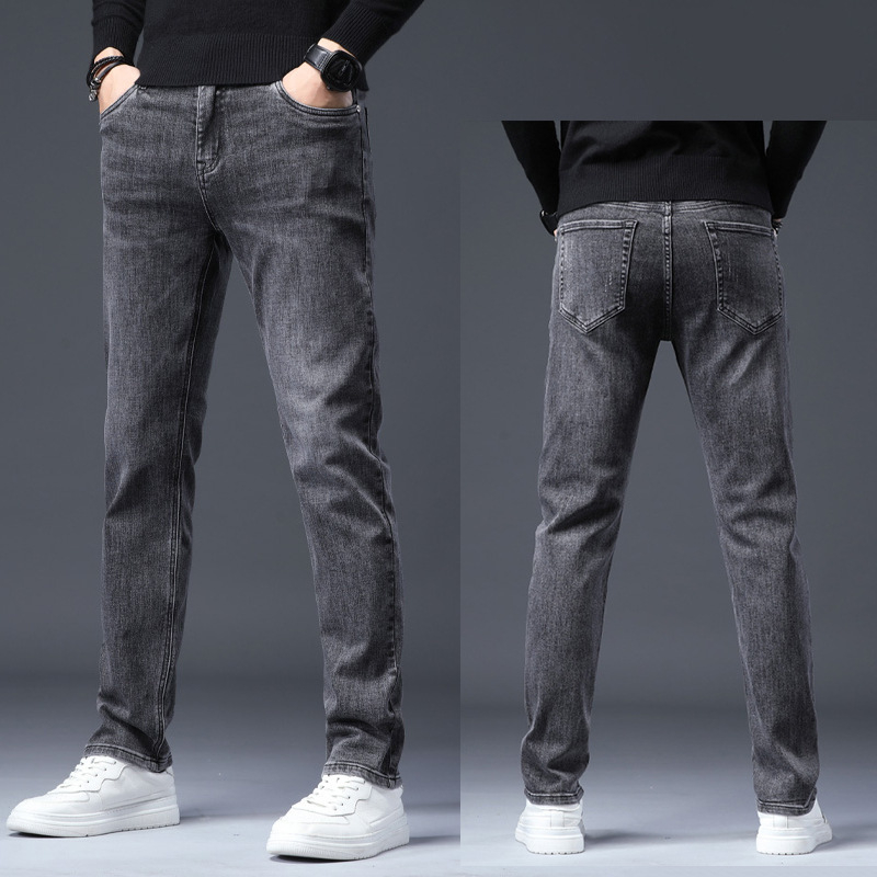 Vīriešu džinsi ar taisu piegriezumu no denima, flīsa oderē, vidējā josta, mikroelastiskums, piecu kabatu dizains