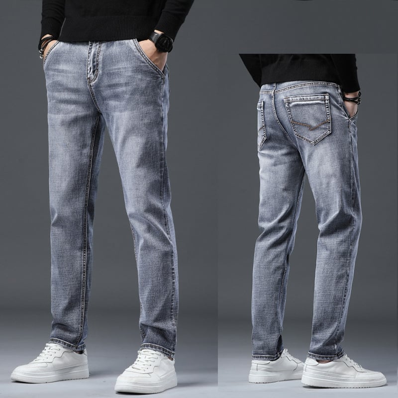 Vīriešu džinsi ar taisu piegriezumu no denima, flīsa oderē, vidējā josta, mikroelastiskums, piecu kabatu dizains