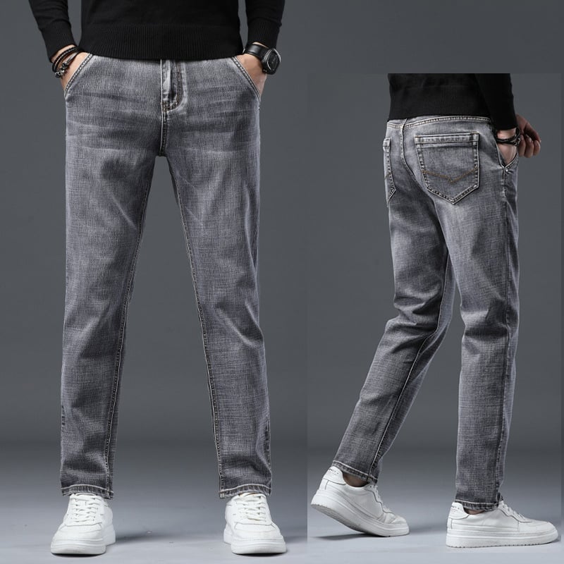 Vīriešu džinsi ar taisu piegriezumu no denima, flīsa oderē, vidējā josta, mikroelastiskums, piecu kabatu dizains