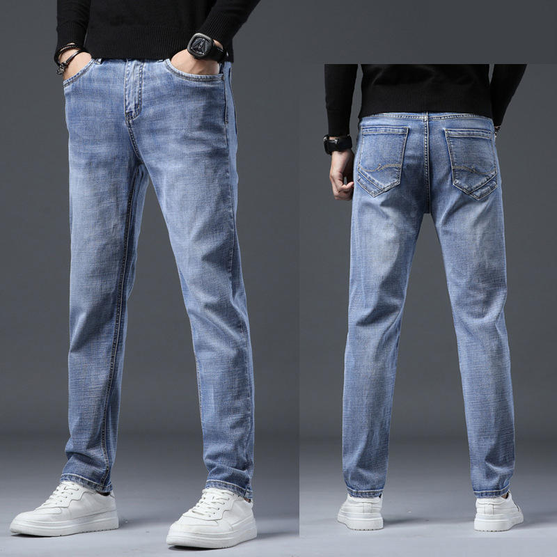 Vīriešu džinsi ar taisu piegriezumu no denima, flīsa oderē, vidējā josta, mikroelastiskums, piecu kabatu dizains