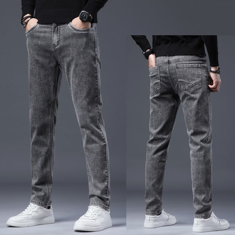 Vīriešu džinsi ar taisu piegriezumu no denima, flīsa oderē, vidējā josta, mikroelastiskums, piecu kabatu dizains