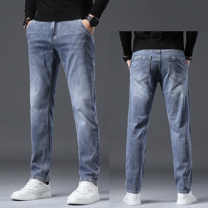 Vīriešu džinsi ar taisu piegriezumu no denima, flīsa oderē, vidējā josta, mikroelastiskums, piecu kabatu dizains
