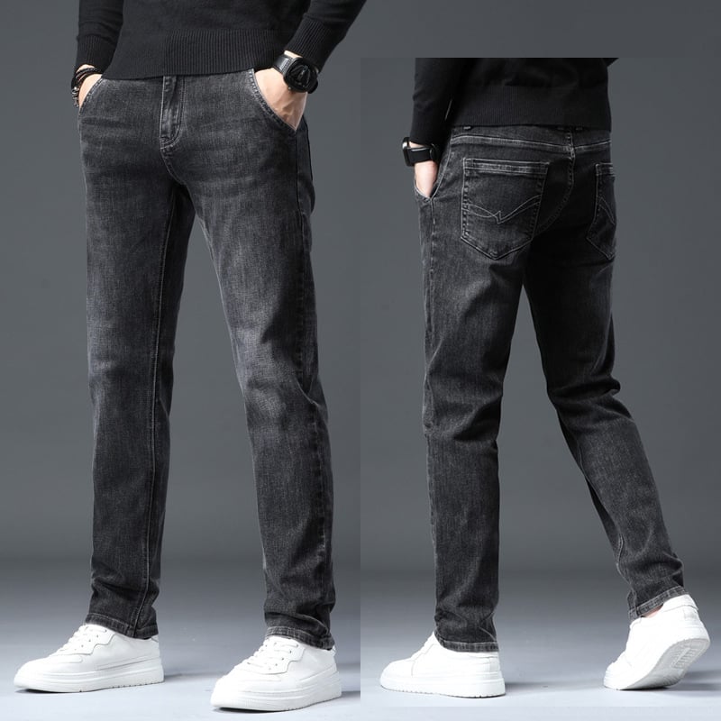 Vīriešu džinsi ar taisu piegriezumu no denima, flīsa oderē, vidējā josta, mikroelastiskums, piecu kabatu dizains