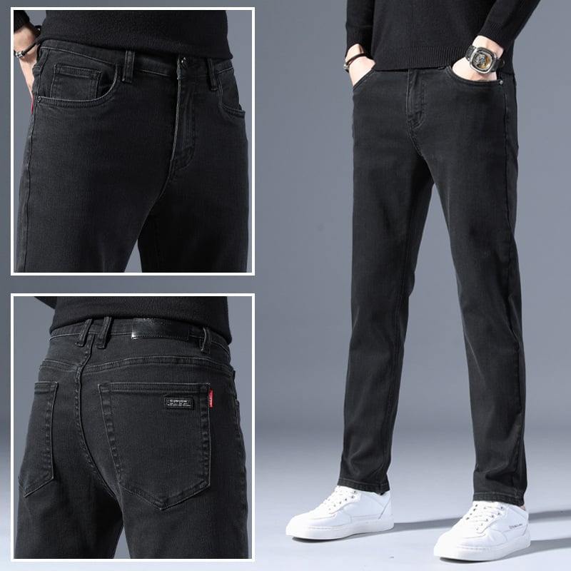 Vīriešu džinsi ar taisu piegriezumu no denima, flīsa oderē, vidējā josta, mikroelastiskums, piecu kabatu dizains