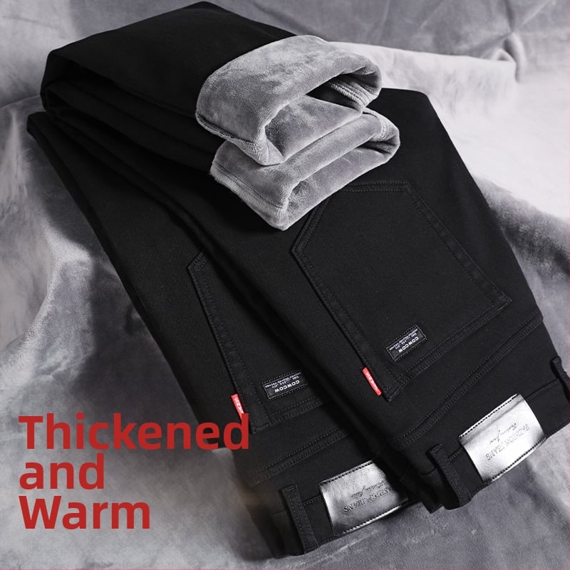 Vīriešu džinsi ar taisu piegriezumu no denima, flīsa oderē, vidējā josta, mikroelastiskums, piecu kabatu dizains