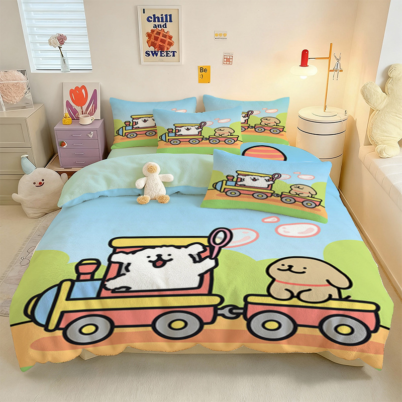 Crystal Velvet keturių dalių patalynės komplektas su animaciniu šuniuku motyvu, skaitmeninis spausdinimas, quiltuotas, žieminė šiluma