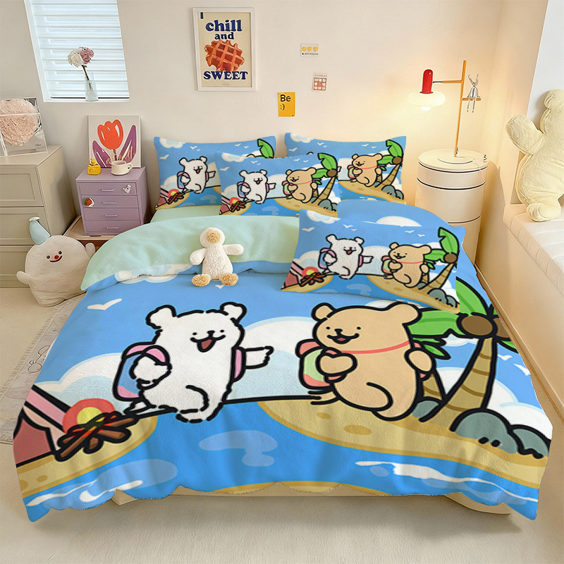 Crystal Velvet keturių dalių patalynės komplektas su animaciniu šuniuku motyvu, skaitmeninis spausdinimas, quiltuotas, žieminė šiluma