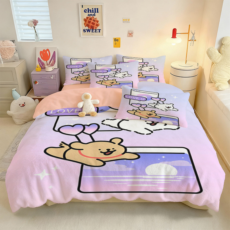 Crystal Velvet keturių dalių patalynės komplektas su animaciniu šuniuku motyvu, skaitmeninis spausdinimas, quiltuotas, žieminė šiluma