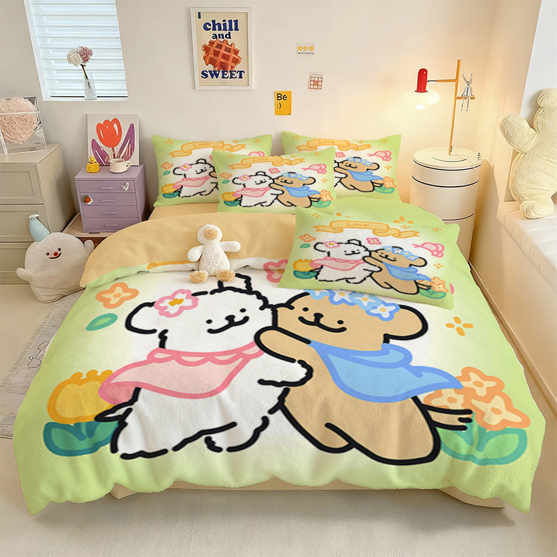 Crystal Velvet keturių dalių patalynės komplektas su animaciniu šuniuku motyvu, skaitmeninis spausdinimas, quiltuotas, žieminė šiluma