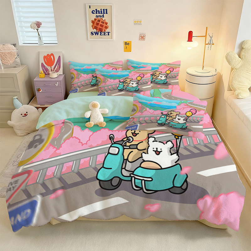 Crystal Velvet keturių dalių patalynės komplektas su animaciniu šuniuku motyvu, skaitmeninis spausdinimas, quiltuotas, žieminė šiluma