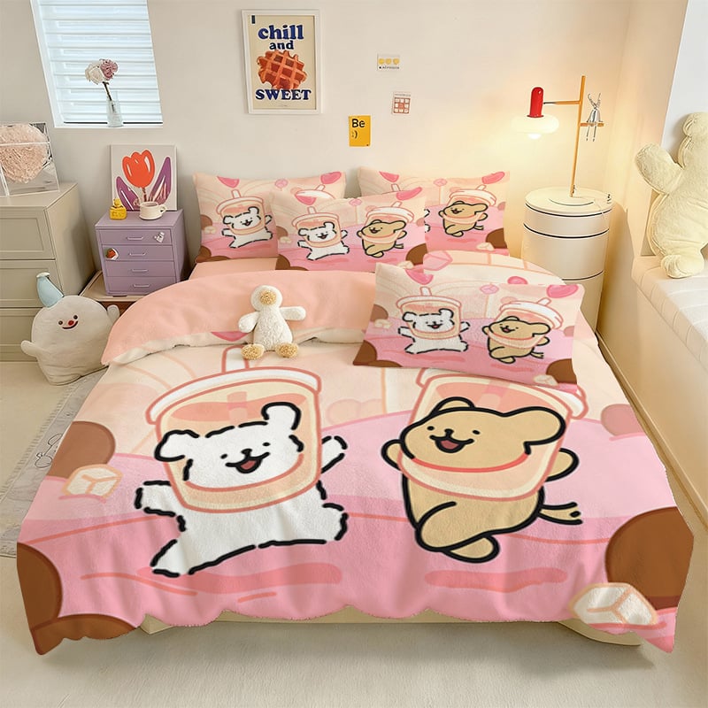 Crystal Velvet keturių dalių patalynės komplektas su animaciniu šuniuku motyvu, skaitmeninis spausdinimas, quiltuotas, žieminė šiluma