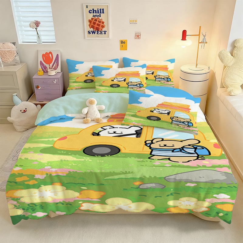 Crystal Velvet keturių dalių patalynės komplektas su animaciniu šuniuku motyvu, skaitmeninis spausdinimas, quiltuotas, žieminė šiluma