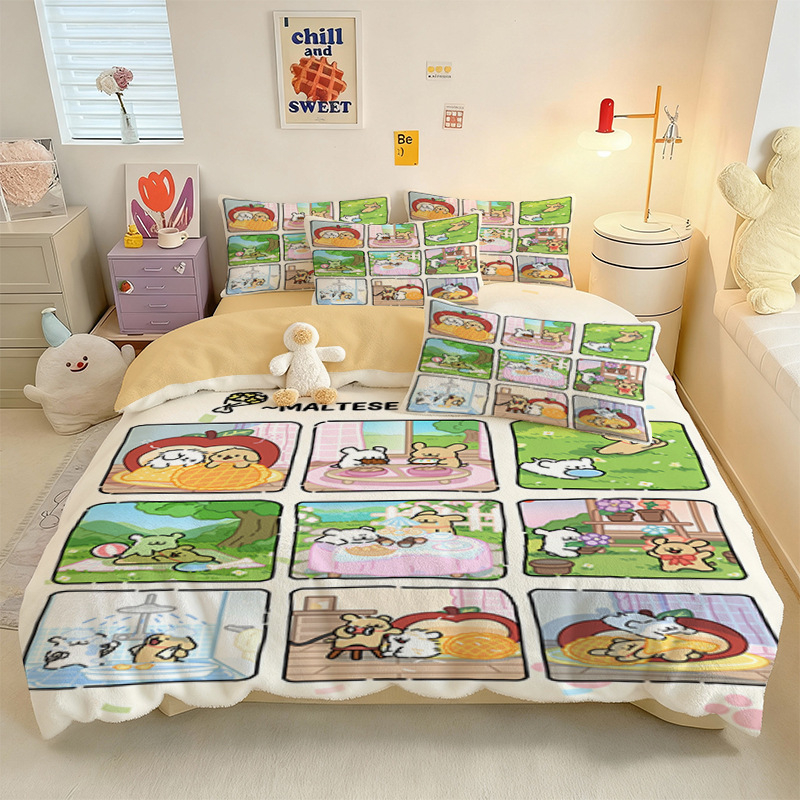 Crystal Velvet keturių dalių patalynės komplektas su animaciniu šuniuku motyvu, skaitmeninis spausdinimas, quiltuotas, žieminė šiluma