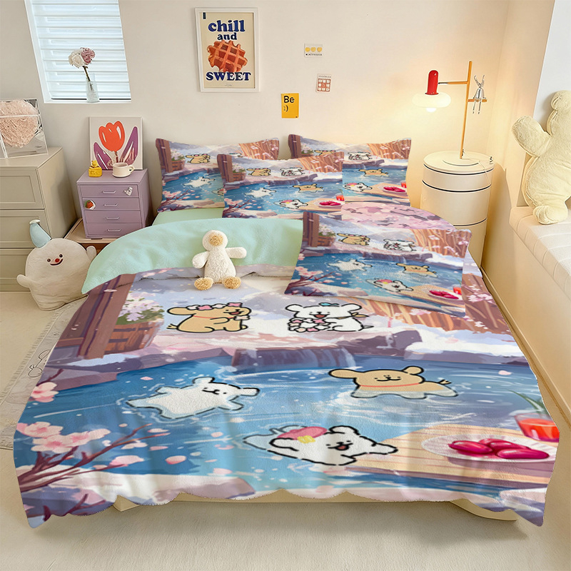 Crystal Velvet keturių dalių patalynės komplektas su animaciniu šuniuku motyvu, skaitmeninis spausdinimas, quiltuotas, žieminė šiluma