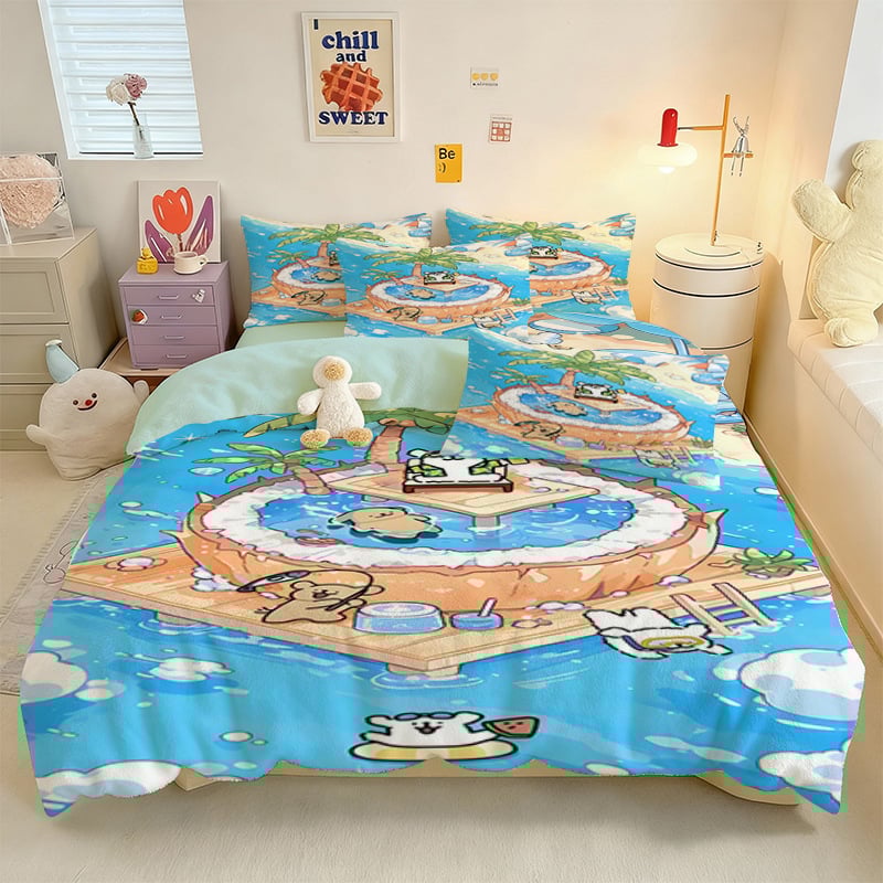 Crystal Velvet keturių dalių patalynės komplektas su animaciniu šuniuku motyvu, skaitmeninis spausdinimas, quiltuotas, žieminė šiluma