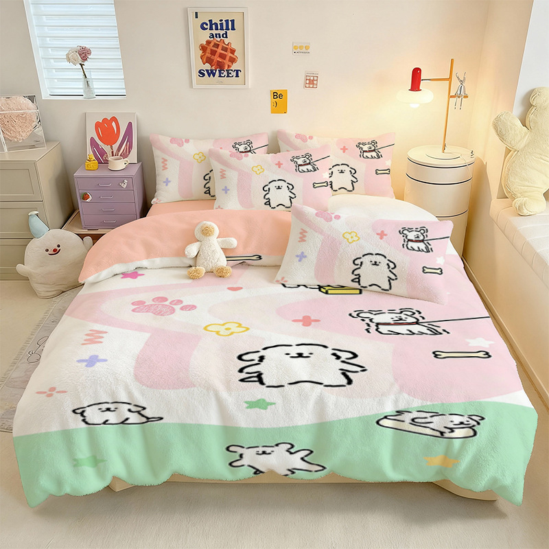 Crystal Velvet keturių dalių patalynės komplektas su animaciniu šuniuku motyvu, skaitmeninis spausdinimas, quiltuotas, žieminė šiluma