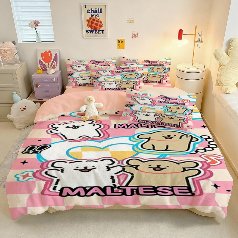 Crystal Velvet keturių dalių patalynės komplektas su animaciniu šuniuku motyvu, skaitmeninis spausdinimas, quiltuotas, žieminė šiluma