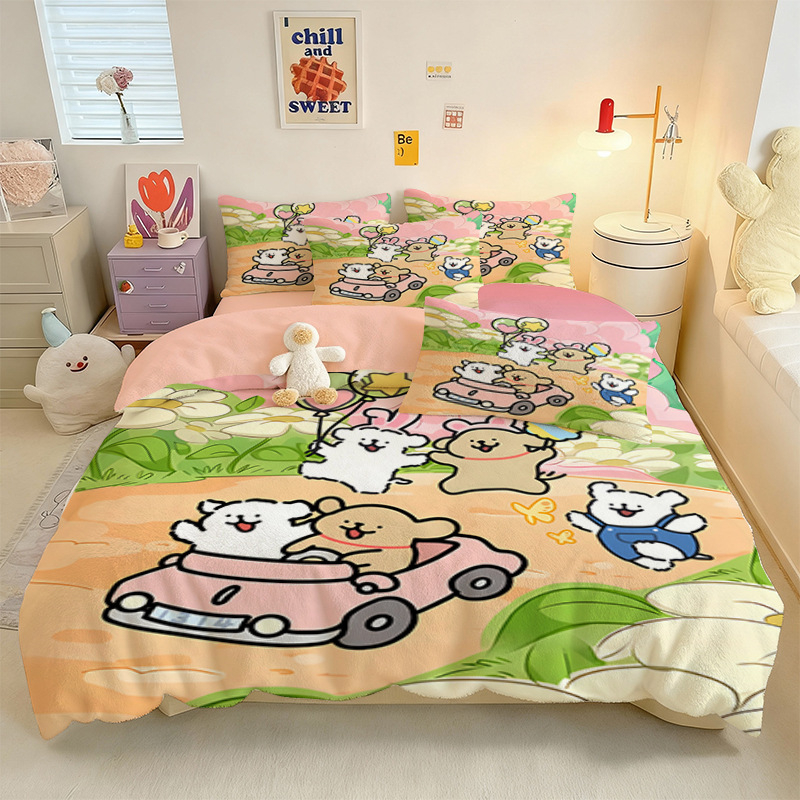 Crystal Velvet keturių dalių patalynės komplektas su animaciniu šuniuku motyvu, skaitmeninis spausdinimas, quiltuotas, žieminė šiluma