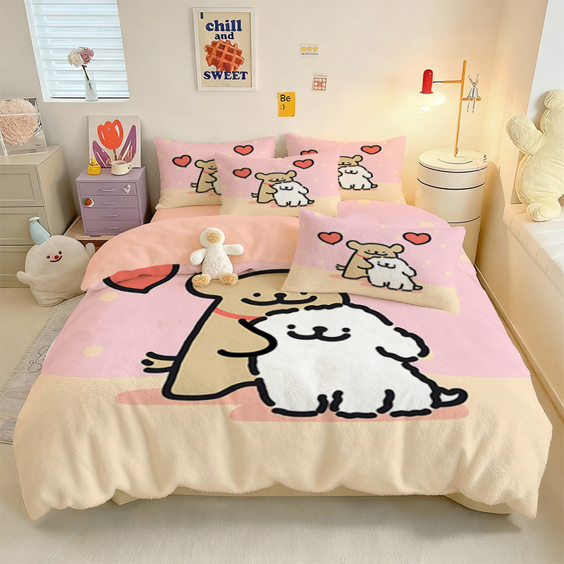 Crystal Velvet keturių dalių patalynės komplektas su animaciniu šuniuku motyvu, skaitmeninis spausdinimas, quiltuotas, žieminė šiluma