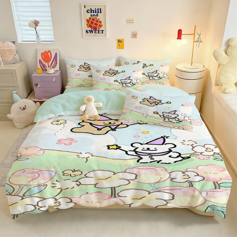 Crystal Velvet keturių dalių patalynės komplektas su animaciniu šuniuku motyvu, skaitmeninis spausdinimas, quiltuotas, žieminė šiluma