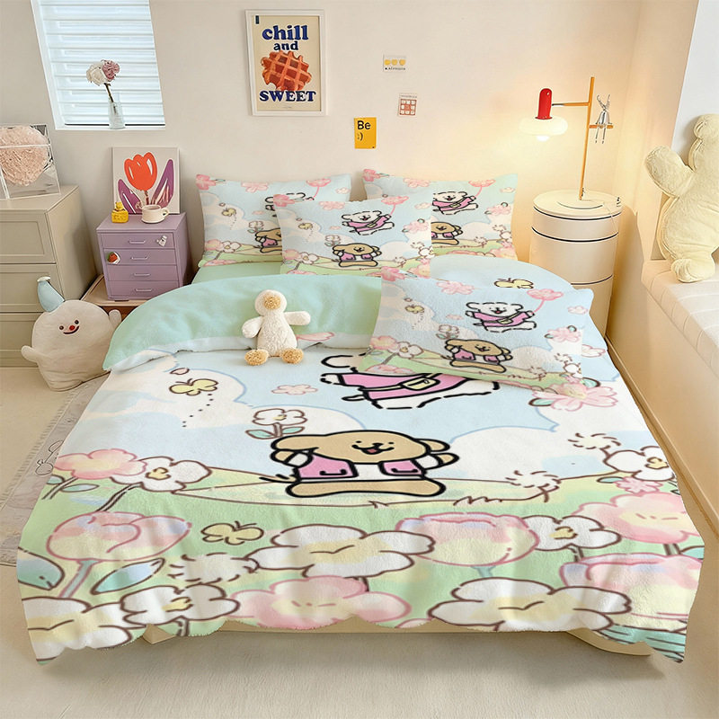 Crystal Velvet keturių dalių patalynės komplektas su animaciniu šuniuku motyvu, skaitmeninis spausdinimas, quiltuotas, žieminė šiluma