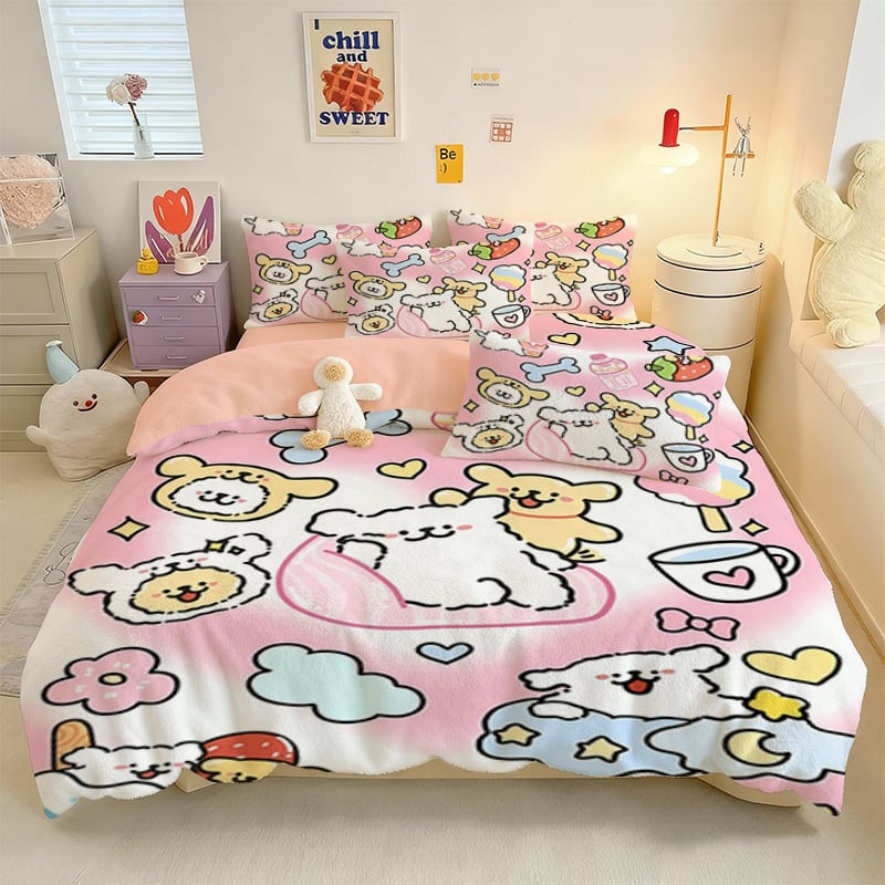 Crystal Velvet keturių dalių patalynės komplektas su animaciniu šuniuku motyvu, skaitmeninis spausdinimas, quiltuotas, žieminė šiluma