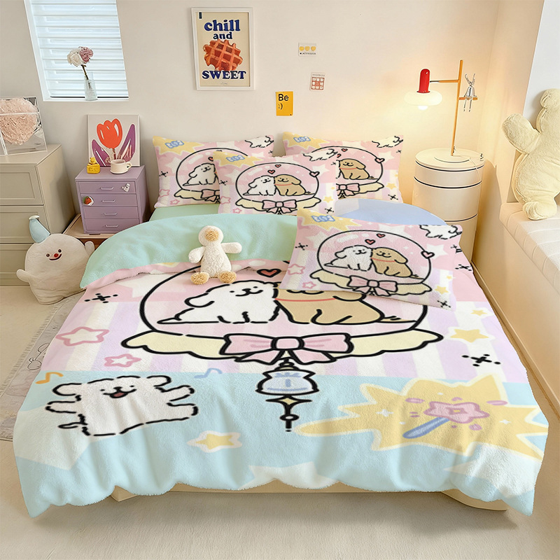 Crystal Velvet keturių dalių patalynės komplektas su animaciniu šuniuku motyvu, skaitmeninis spausdinimas, quiltuotas, žieminė šiluma