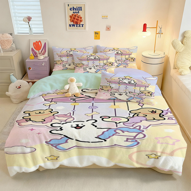 Crystal Velvet keturių dalių patalynės komplektas su animaciniu šuniuku motyvu, skaitmeninis spausdinimas, quiltuotas, žieminė šiluma