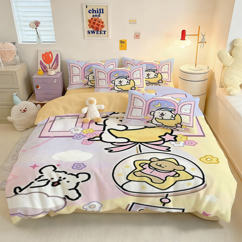 Crystal Velvet keturių dalių patalynės komplektas su animaciniu šuniuku motyvu, skaitmeninis spausdinimas, quiltuotas, žieminė šiluma