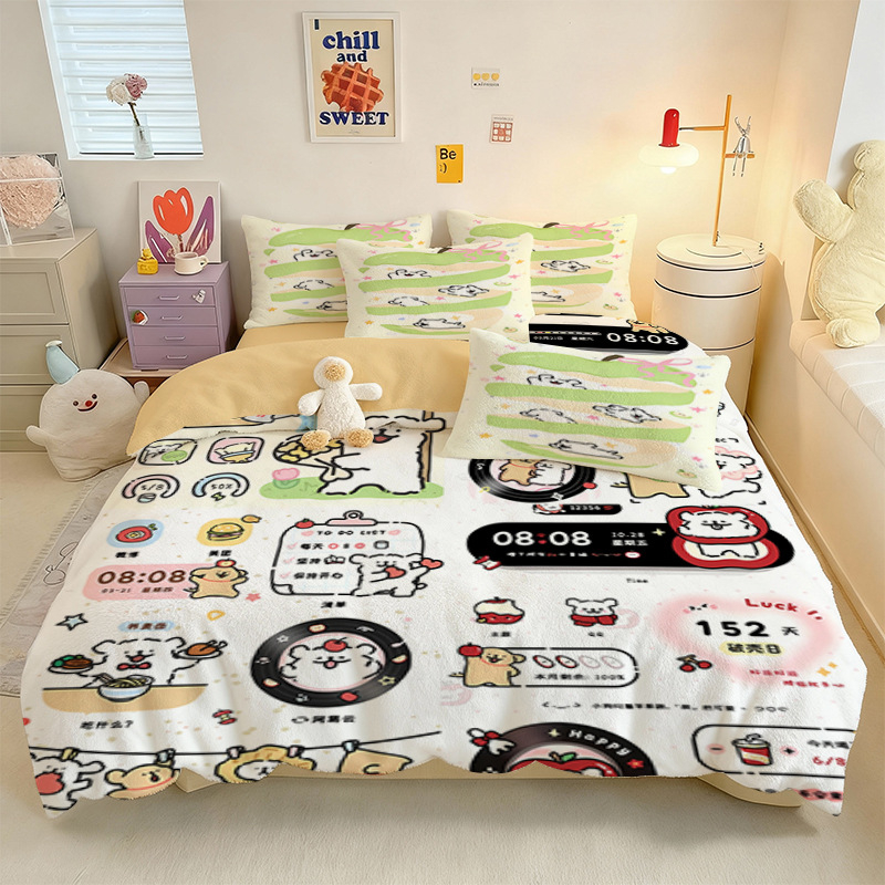 Crystal Velvet keturių dalių patalynės komplektas su animaciniu šuniuku motyvu, skaitmeninis spausdinimas, quiltuotas, žieminė šiluma