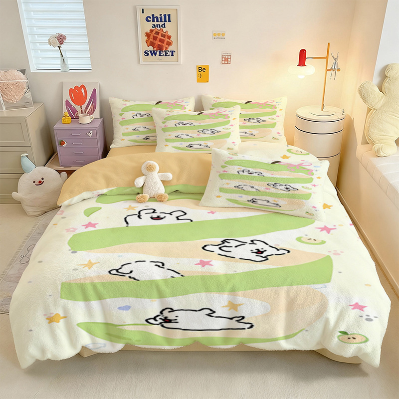 Crystal Velvet keturių dalių patalynės komplektas su animaciniu šuniuku motyvu, skaitmeninis spausdinimas, quiltuotas, žieminė šiluma