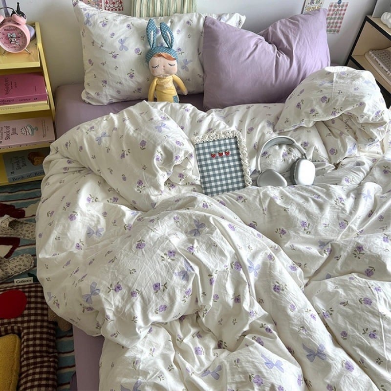 Išplautų medvilnės keturių dalių patalynės komplektas, Twill audinys, reaktyvus spausdinimas ir dažymas, raštai: animacinių filmų personažai ir augalai