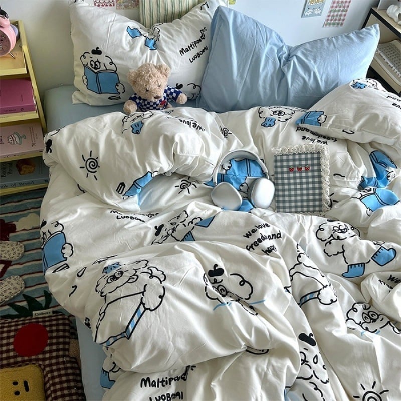 Išplautų medvilnės keturių dalių patalynės komplektas, Twill audinys, reaktyvus spausdinimas ir dažymas, raštai: animacinių filmų personažai ir augalai