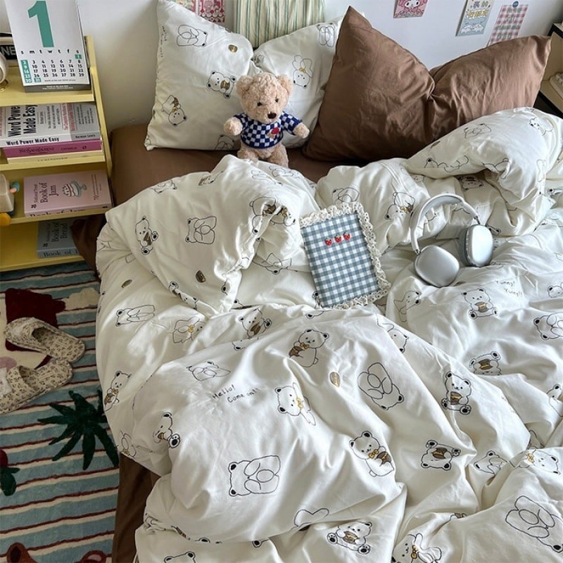 Išplautų medvilnės keturių dalių patalynės komplektas, Twill audinys, reaktyvus spausdinimas ir dažymas, raštai: animacinių filmų personažai ir augalai