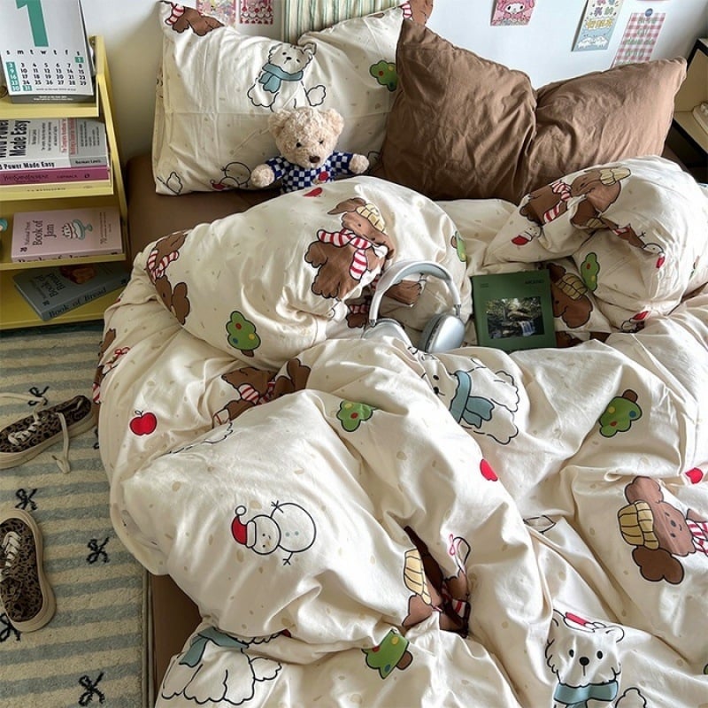 Išplautų medvilnės keturių dalių patalynės komplektas, Twill audinys, reaktyvus spausdinimas ir dažymas, raštai: animacinių filmų personažai ir augalai