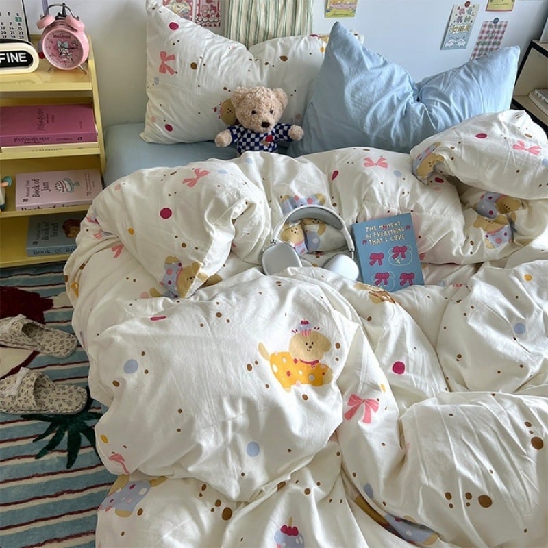 Išplautų medvilnės keturių dalių patalynės komplektas, Twill audinys, reaktyvus spausdinimas ir dažymas, raštai: animacinių filmų personažai ir augalai