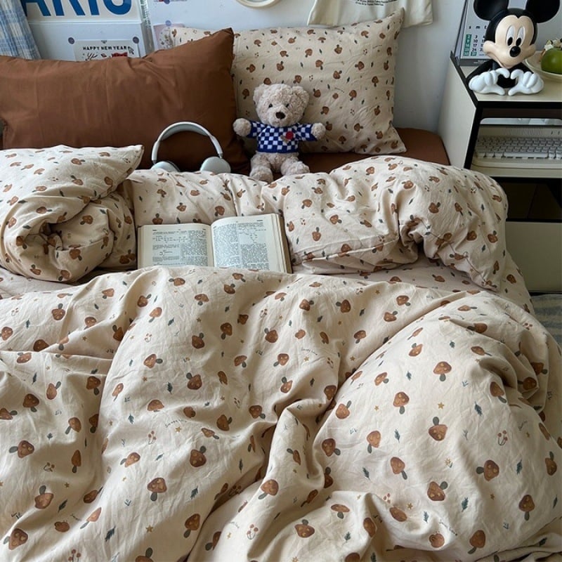 Išplautų medvilnės keturių dalių patalynės komplektas, Twill audinys, reaktyvus spausdinimas ir dažymas, raštai: animacinių filmų personažai ir augalai