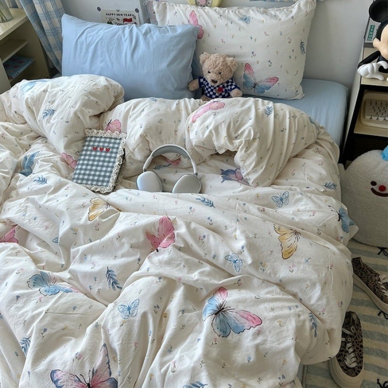 Išplautų medvilnės keturių dalių patalynės komplektas, Twill audinys, reaktyvus spausdinimas ir dažymas, raštai: animacinių filmų personažai ir augalai