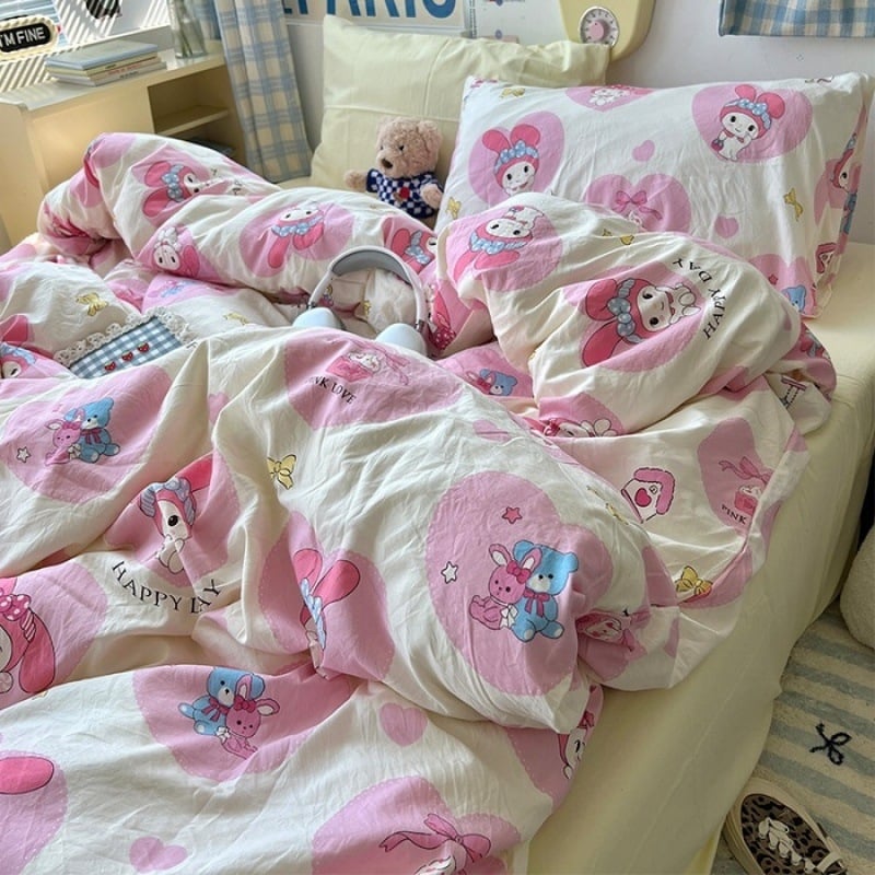 Išplautų medvilnės keturių dalių patalynės komplektas, Twill audinys, reaktyvus spausdinimas ir dažymas, raštai: animacinių filmų personažai ir augalai